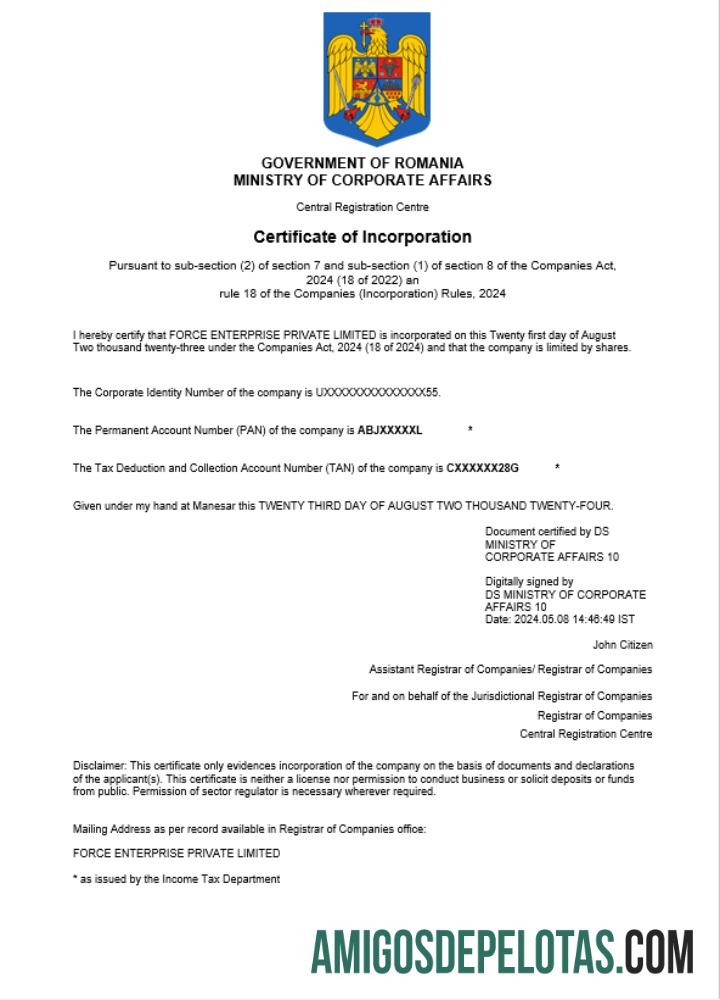 Modelo realista de certificado de registro comercial da Romênia em Word e PDF